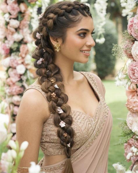 floral braid saree hairstyle jasmine gajra