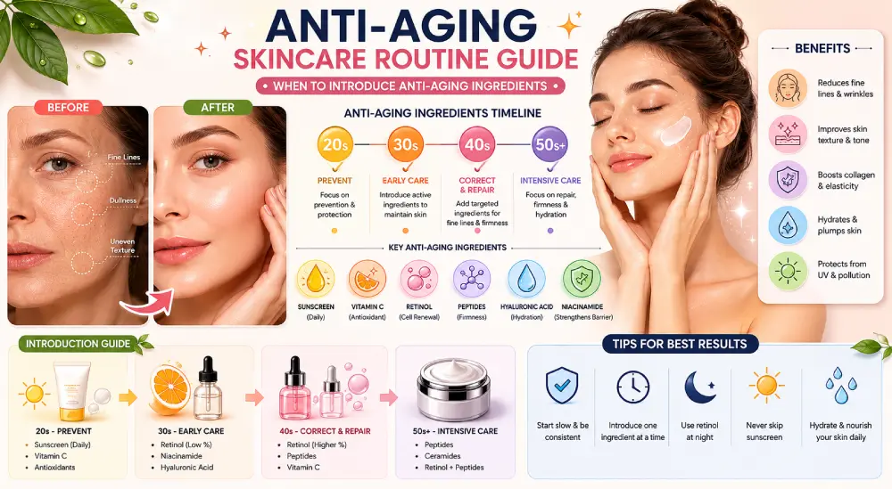 Anti-aging skincare ingredients timeline showing when to start retinol and vitamin C