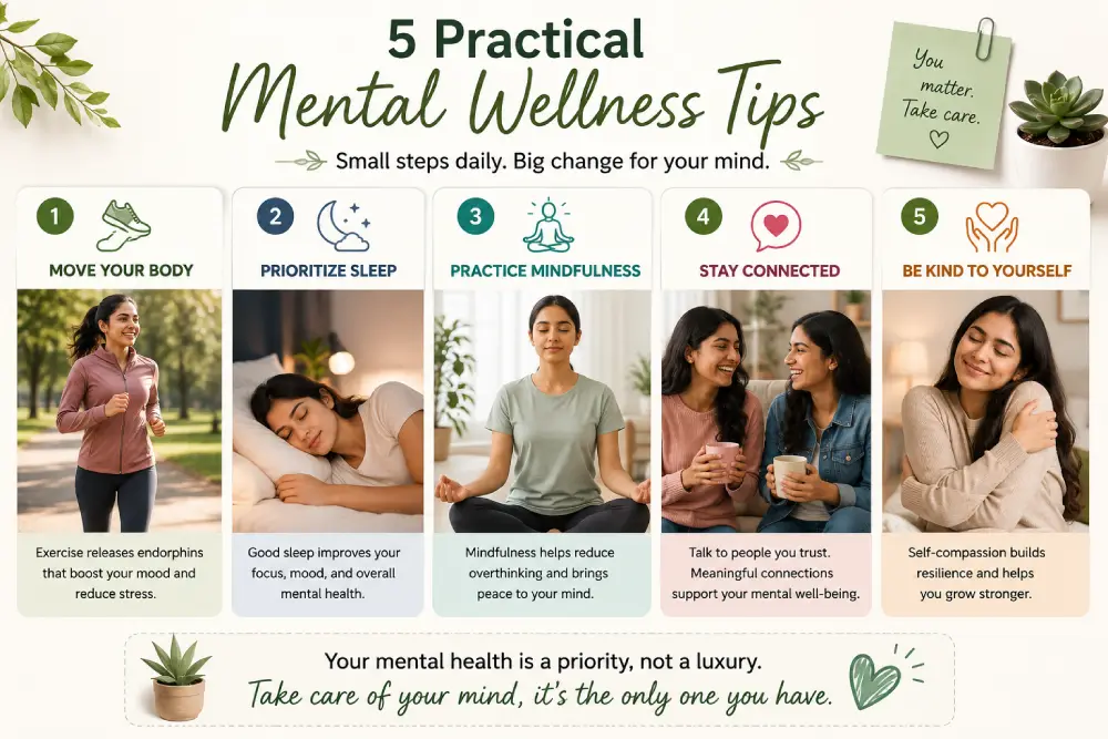 five evidence-based mental wellness tips illustrated as daily habit icons