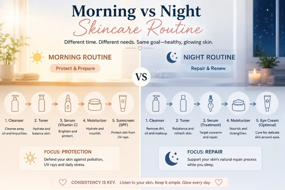 comparison of morning vs night skincare routine