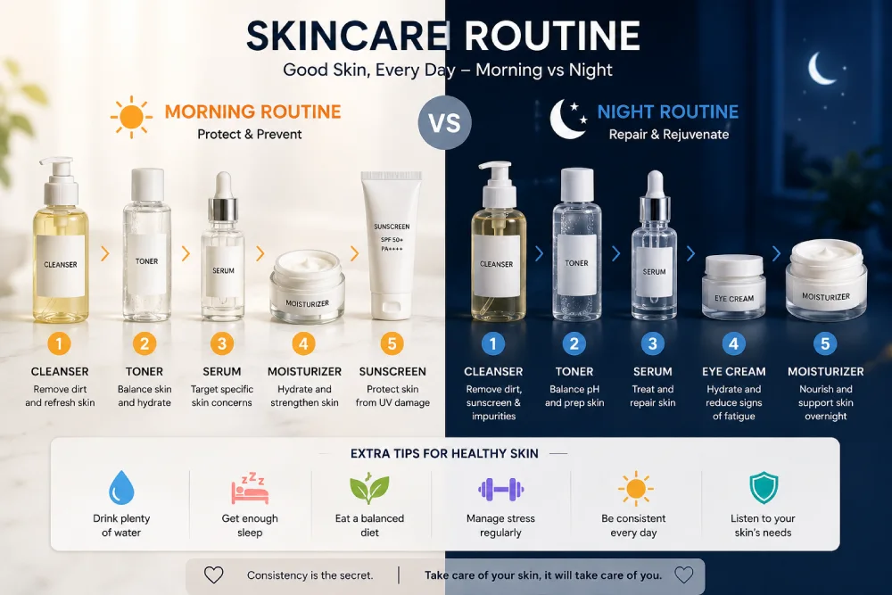 Morning skincare routine vs night skincare routine product comparison