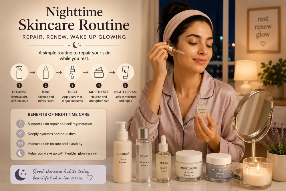 nighttime skincare routine with treatment serum and moisturizer for skin repair and healthy glow