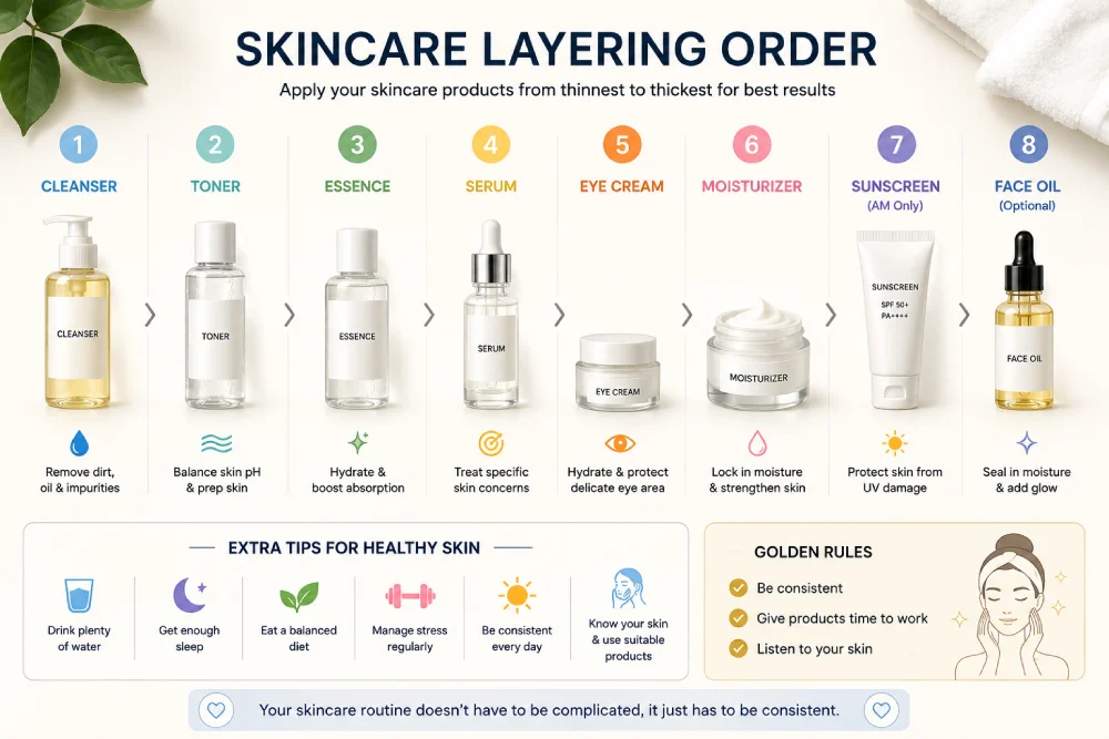 Correct order to apply skincare products from cleanser to SPF