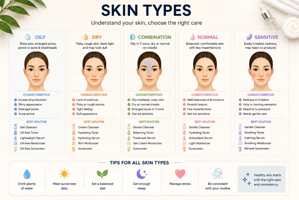 Illustration showing five skin types: oily, dry, combination, normal, sensitive