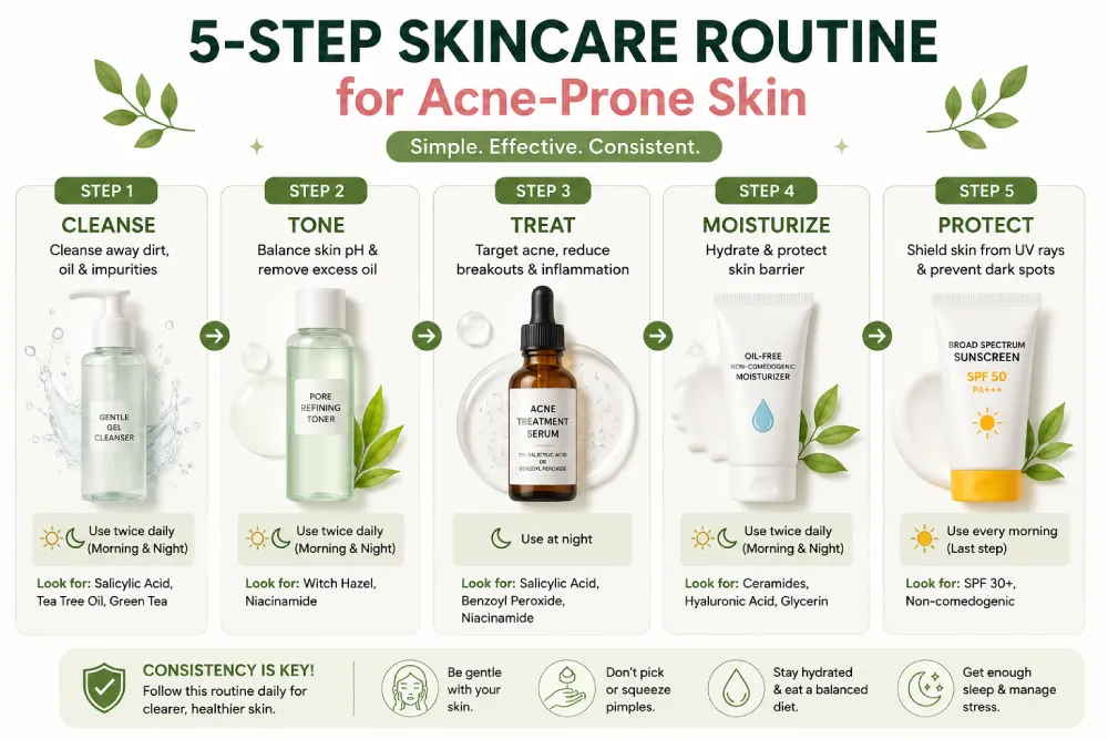 Visual guide to the five-step skincare routine for acne-prone skin