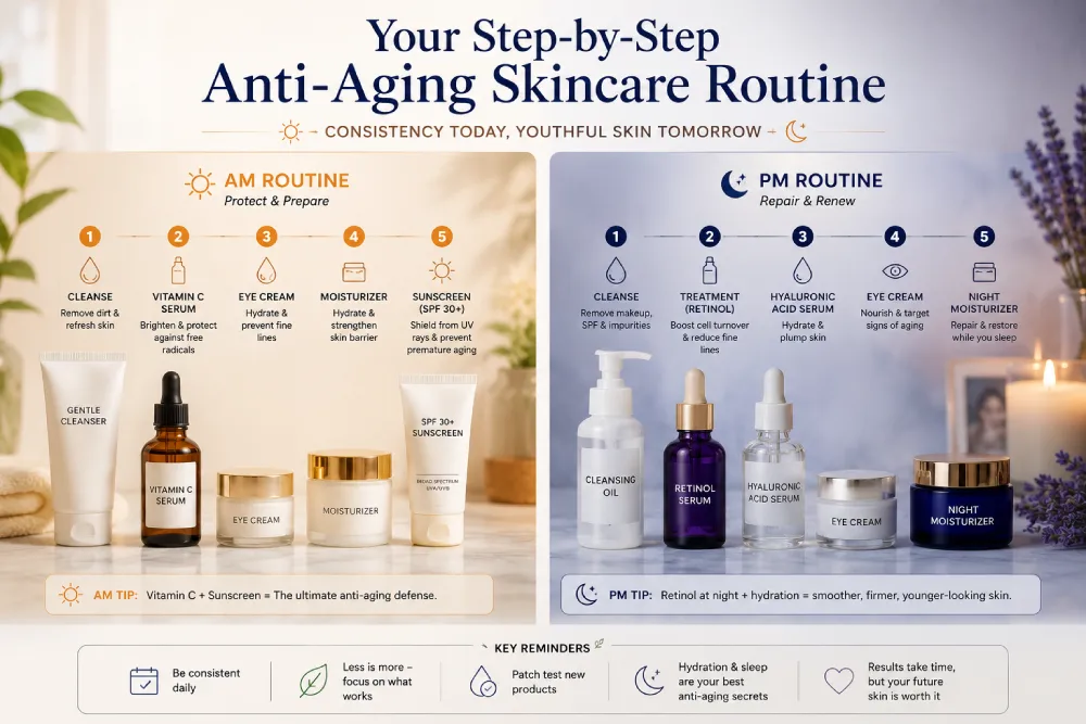 Step-by-step anti-aging skincare routine for morning and evening