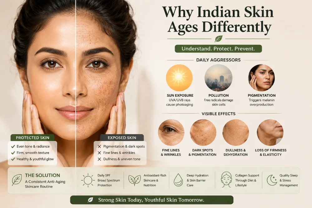 Anti-aging skincare routine for Indian skin showing effects of sun exposure and pollution on youthful skin