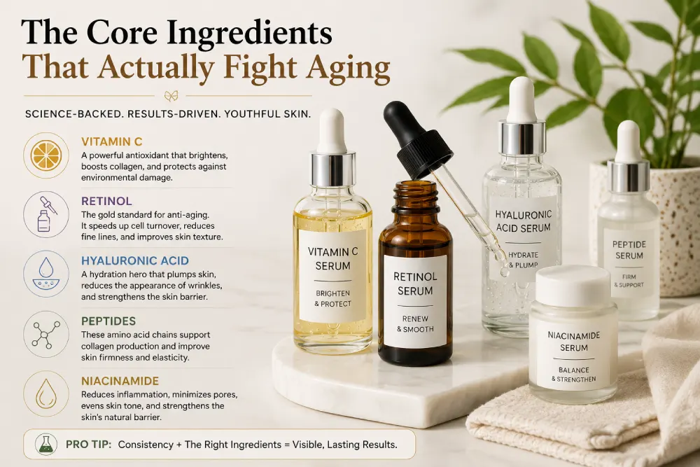 Key anti-aging skincare ingredients including retinol vitamin C and hyaluronic acid