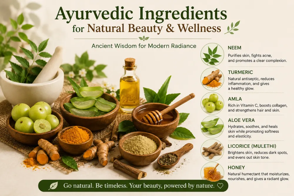 Ayurvedic herbal beauty care ingredients including turmeric, neem, and aloe vera
