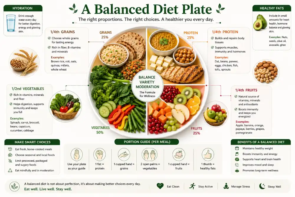 Open weekly balanced meal plan showing structured daily nutrition with protein, grains, vegetables, and healthy fats for wellness