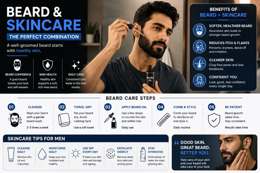 Man applying beard oil as part of his beard and skincare tips routine