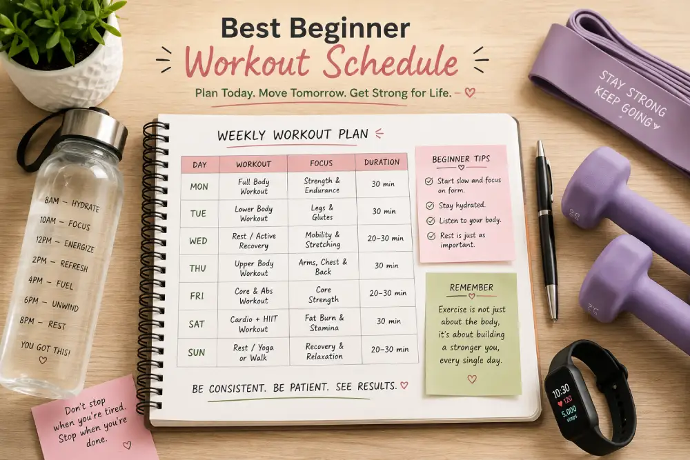Weekly beginner workout schedule written in a notebook with fitness essentials — part of a daily fitness routine