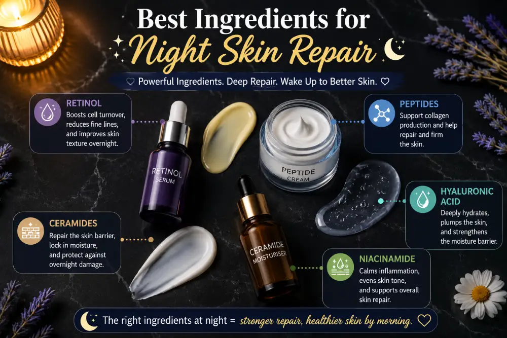 Best night skin repair ingredients including retinol serum, peptides, ceramide moisturiser, and hyaluronic acid