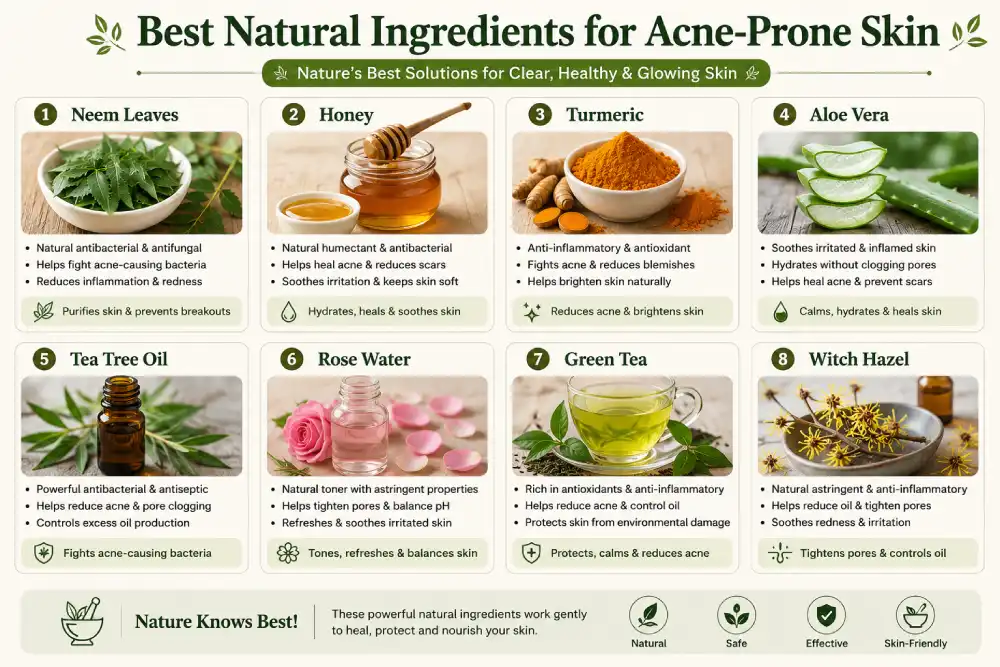 Best natural ingredients for acne-prone skin including neem turmeric and aloe vera
