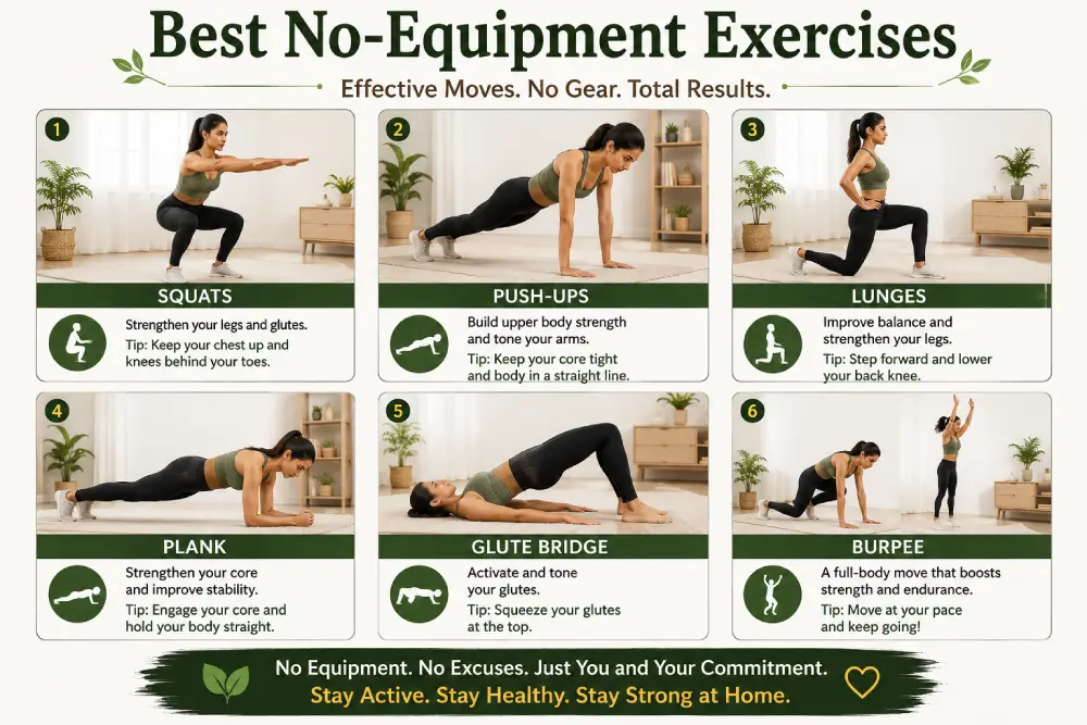 Six best no-equipment exercises for a home wellness workout plan including squats, push-ups, lunges, plank, glute bridge, and burpee