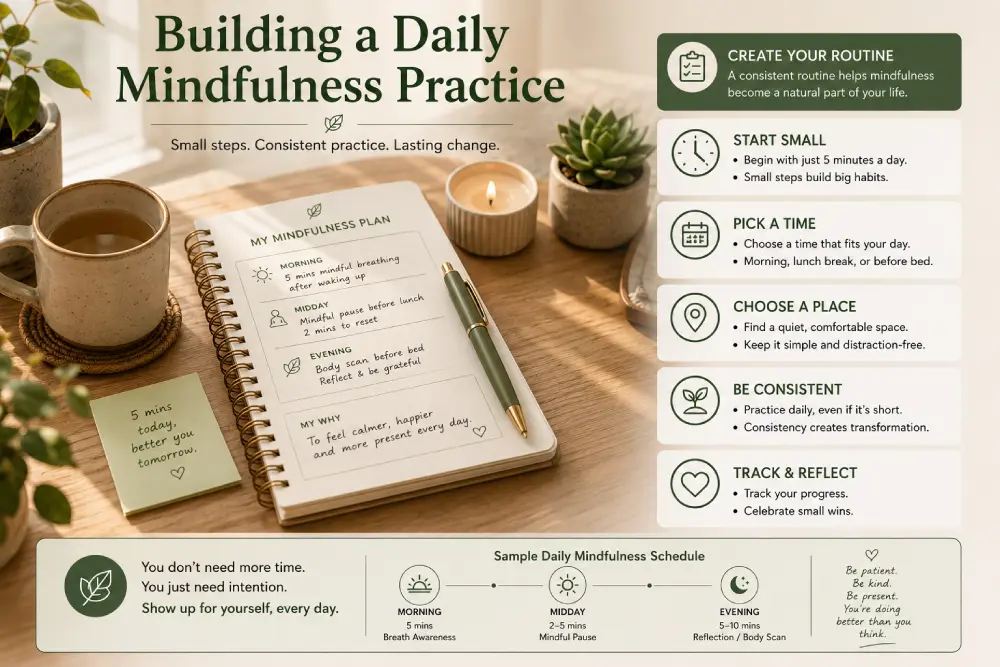 Habit planner showing a daily mindfulness practice schedule with morning breathing and evening body scan — building a consistent routine