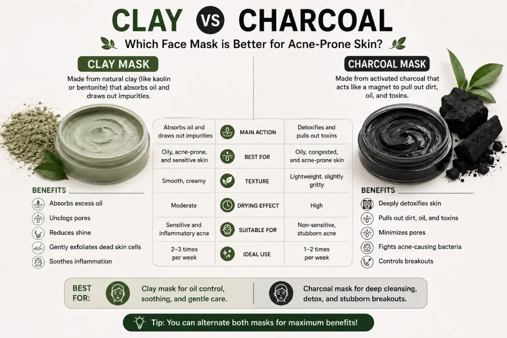 Clay vs charcoal face mask for acne comparison