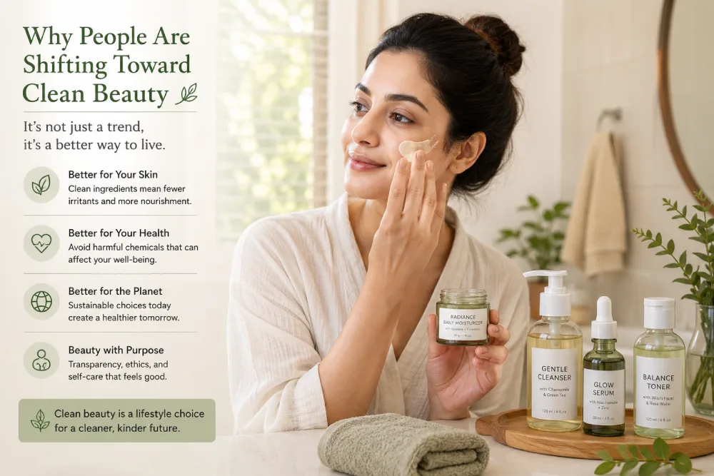 Woman applying clean beauty skincare product in morning routine