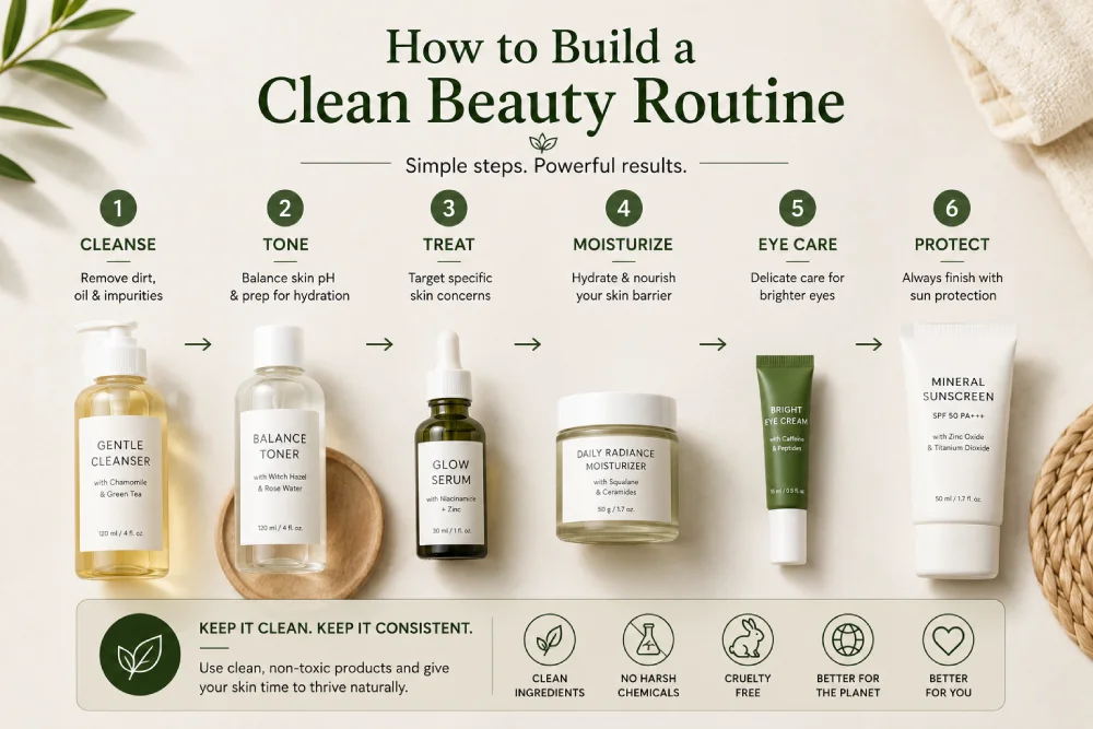 Step-by-step clean beauty skincare routine product arrangement