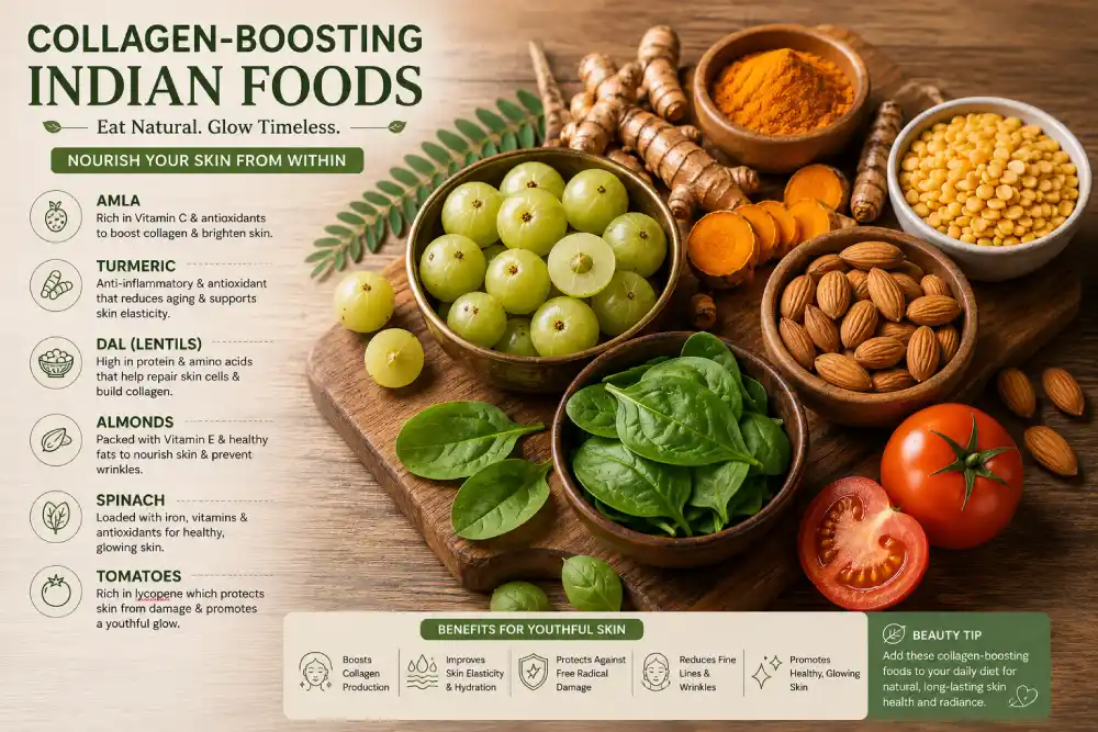 Collagen-boosting Indian foods including amla, turmeric, dal and almonds for youthful skin