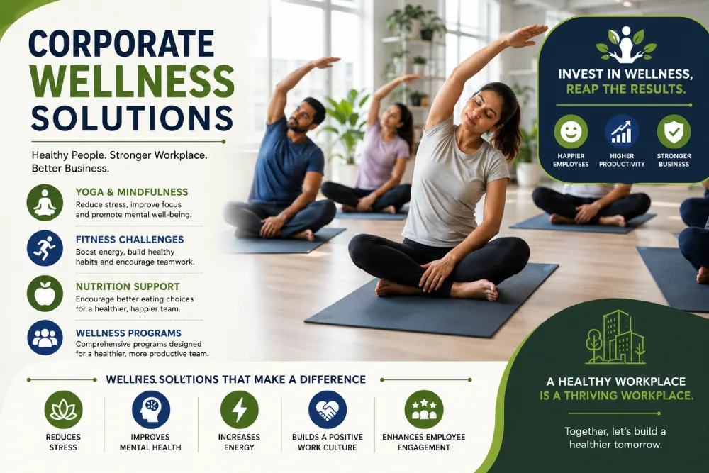 Team participating in a corporate wellness solution — group yoga at the office