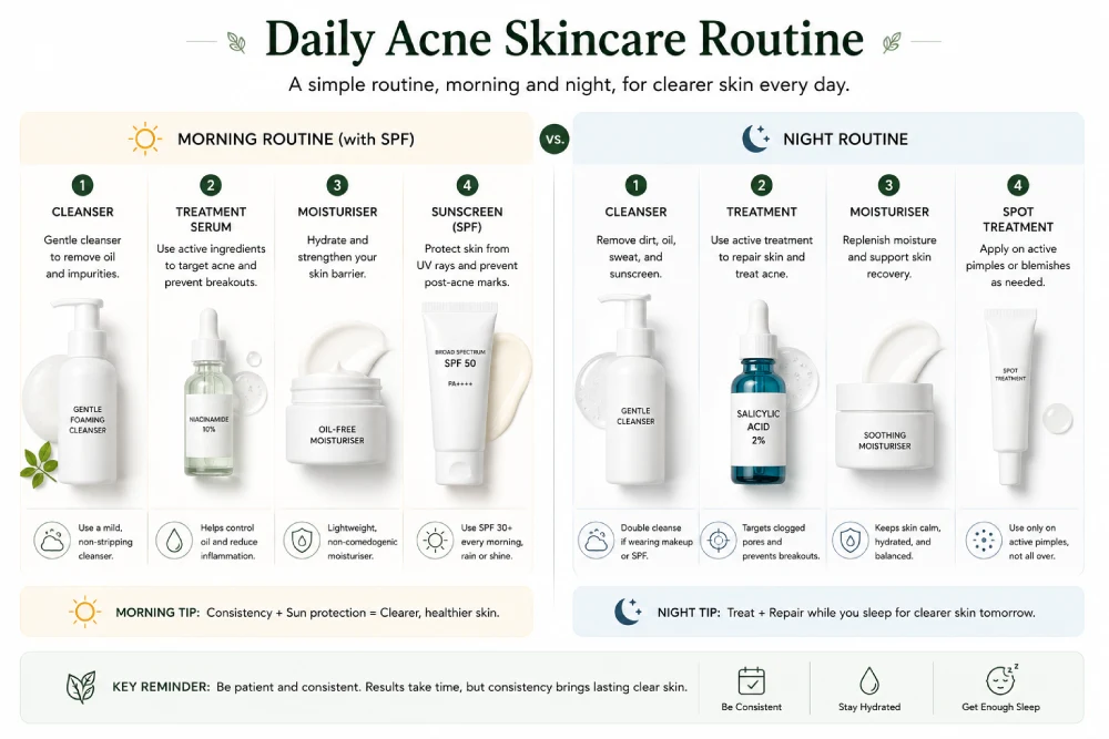 Daily acne treatment routine showing morning steps with SPF and night steps with salicylic acid or retinol laid flat
