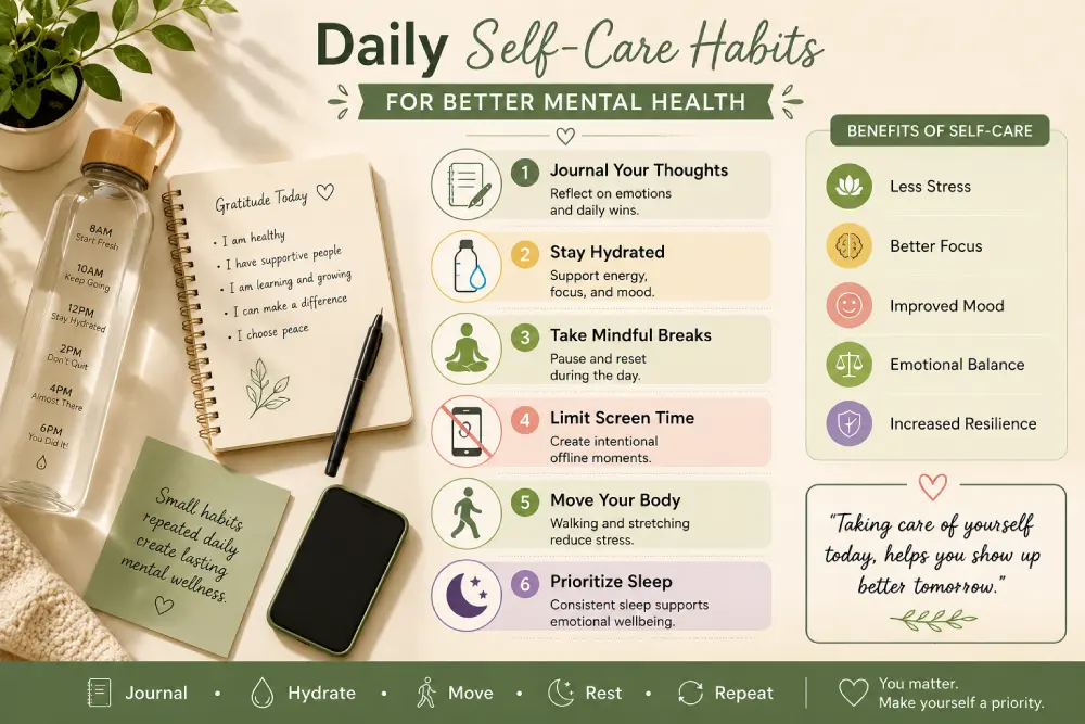 Daily self-care habits for mental health including journaling, hydration, and screen-free time