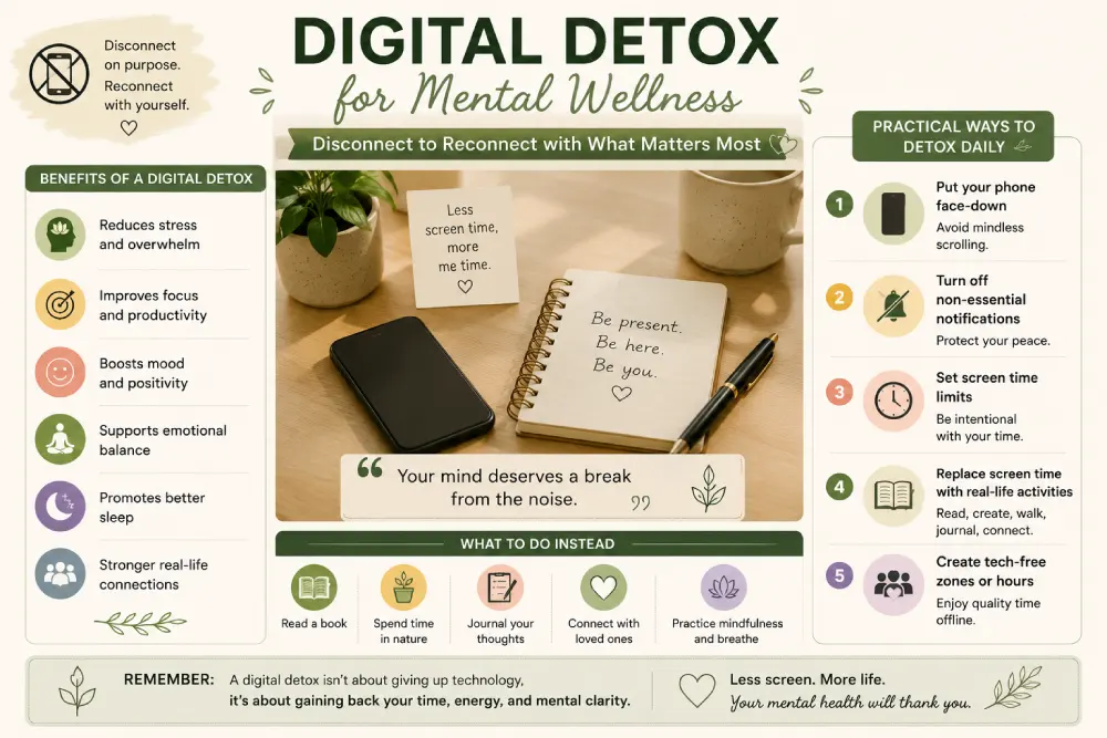 Phone placed face-down to illustrate a digital detox for mental wellness and emotional health