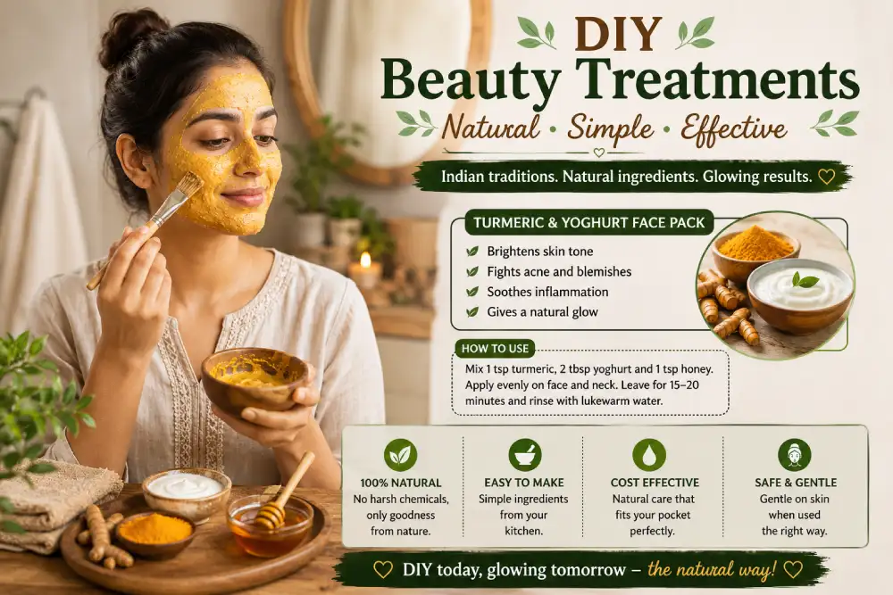 Indian woman applying a DIY turmeric and yoghurt natural beauty remedy face pack at home
