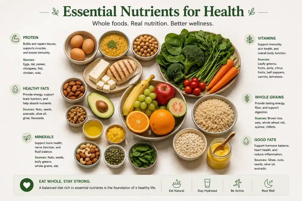 Essential nutrients for a balanced diet displayed as whole foods including eggs, lentils, nuts, leafy greens, and whole grains