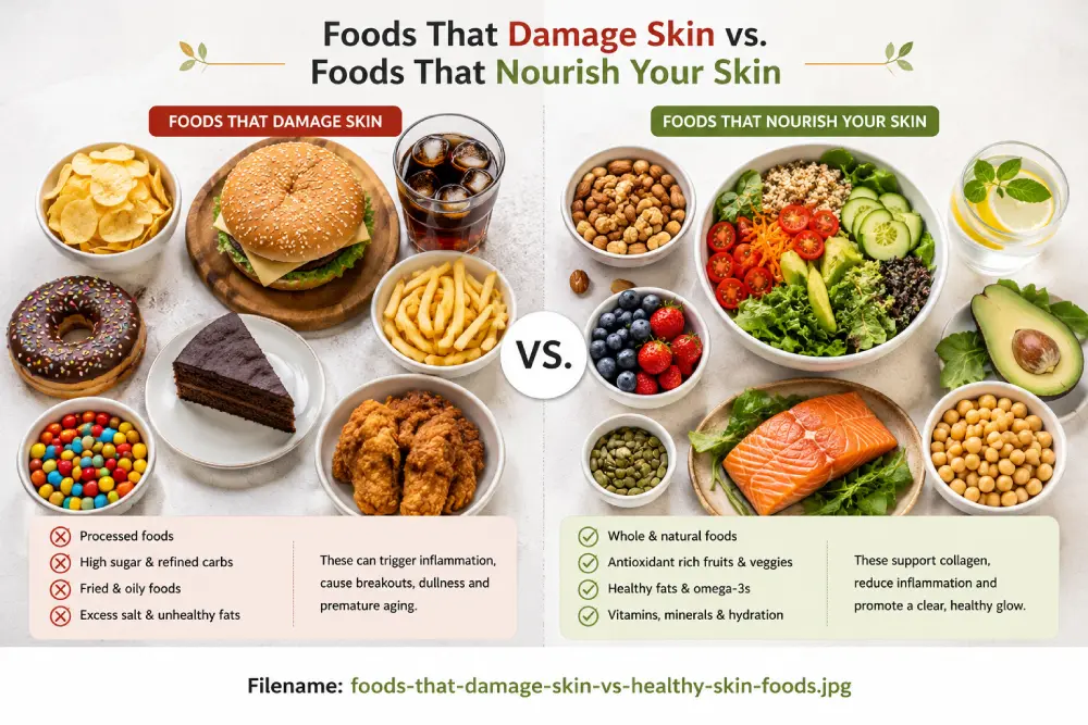 foods that damage skin vs healthy skin foods