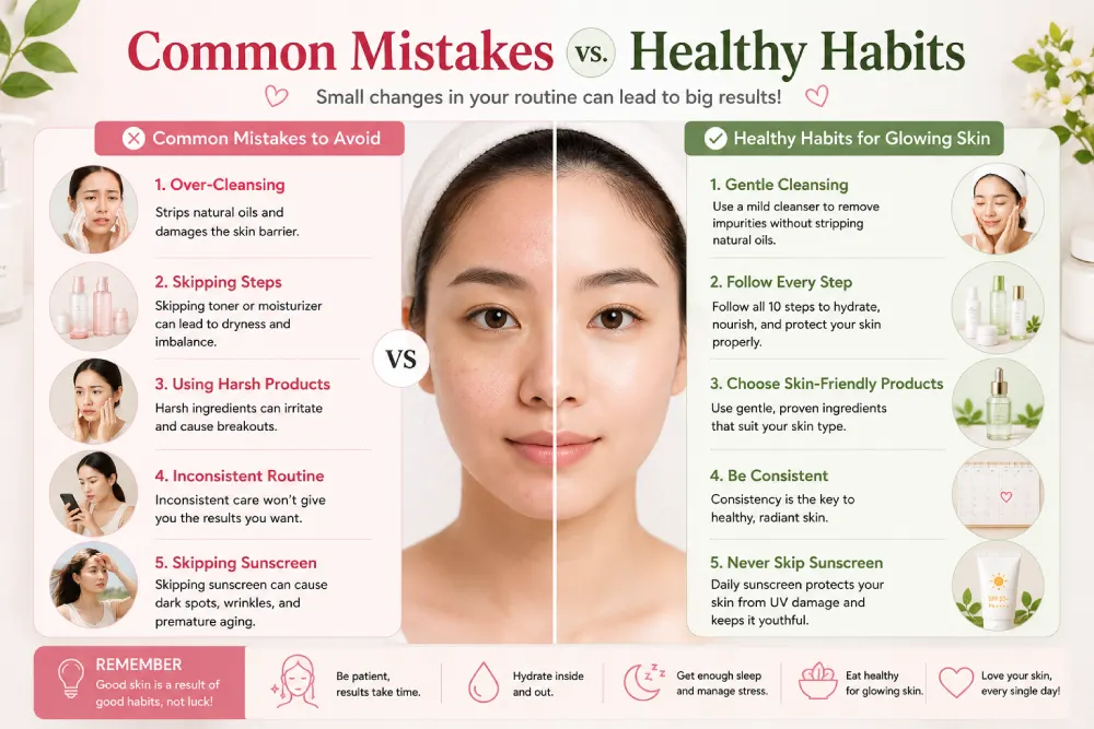 Common glass skin routine mistakes compared to healthy glowing skin result