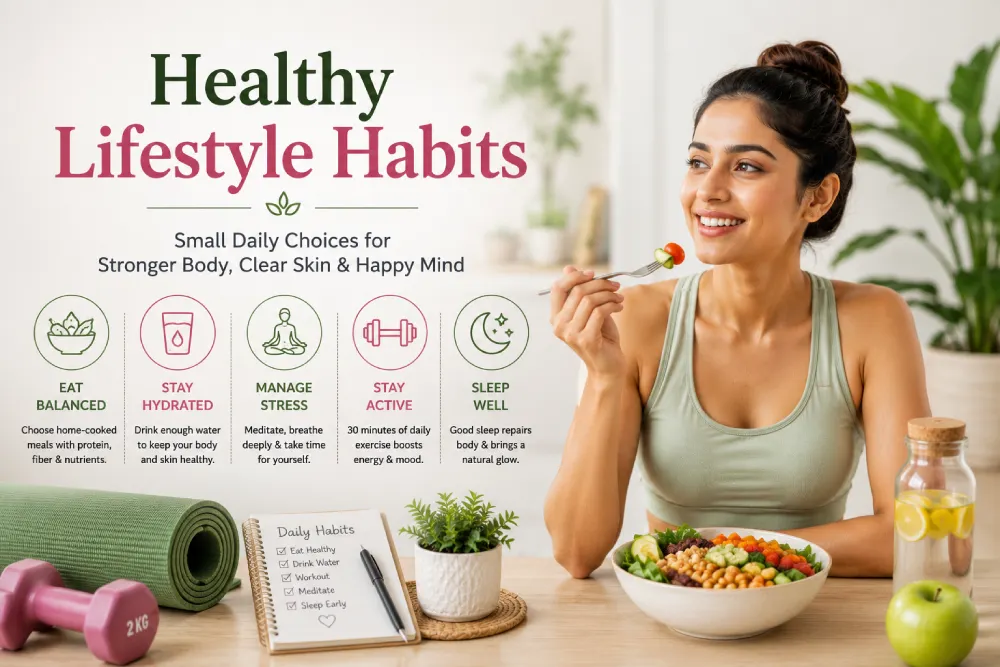 Healthy lifestyle habits — balanced Indian thali meal for skin and fitness nutrition