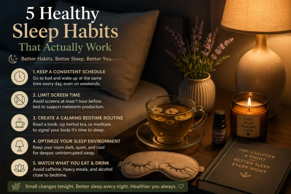 Bedtime routine with herbal tea and book for healthy sleep habits