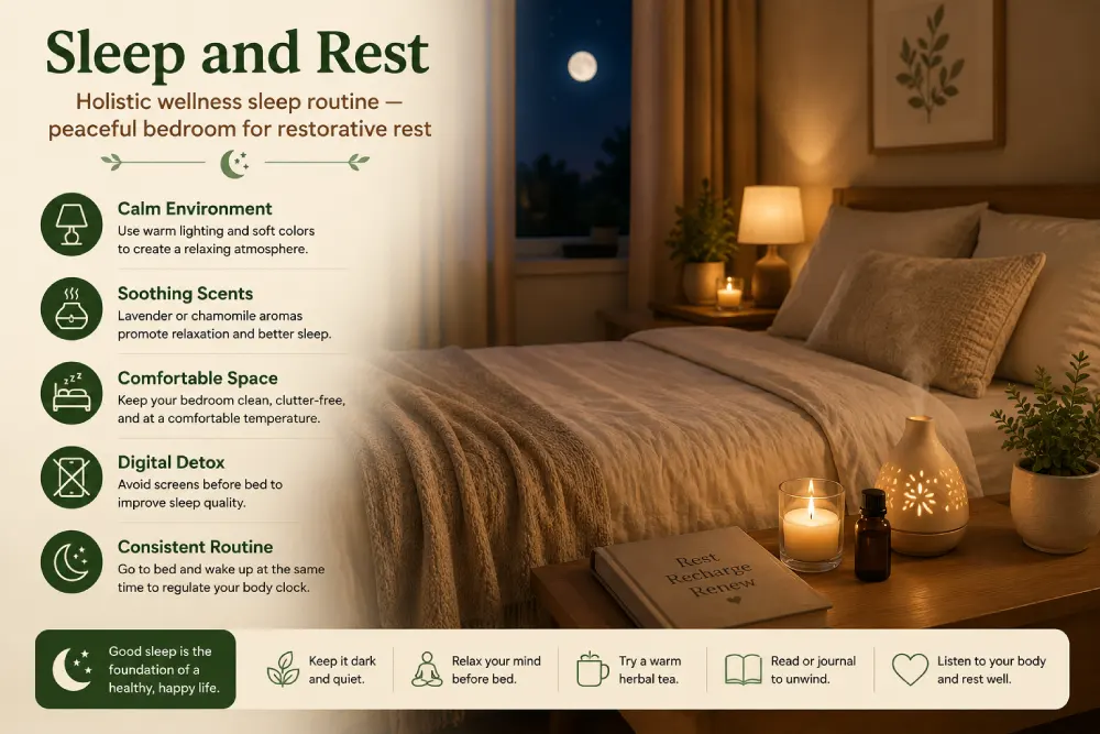 Holistic wellness sleep routine — peaceful bedroom for restorative rest