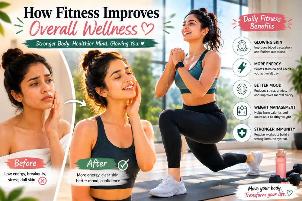 Side-by-side visual showing how a daily fitness routine improves both overall wellness and skin health