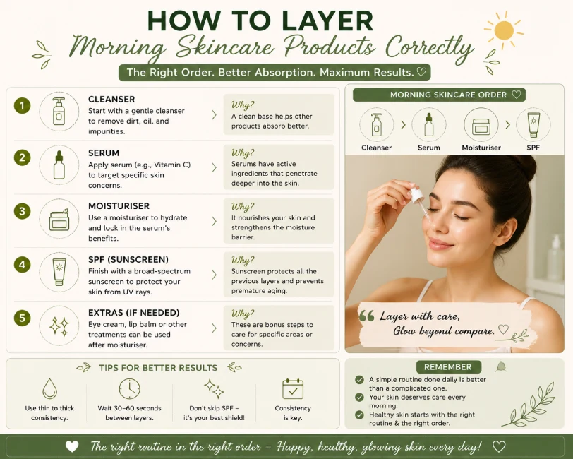 Infographic showing the correct order to layer morning skincare products from cleanser to SPF