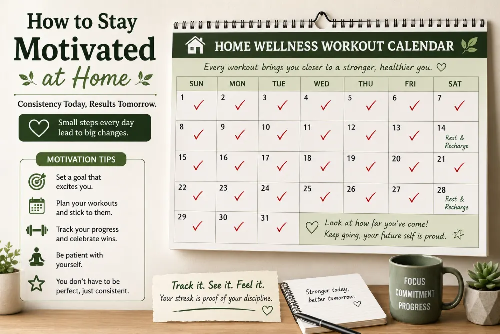 Wall calendar showing a streak of completed home workout sessions as a motivation tracking strategy