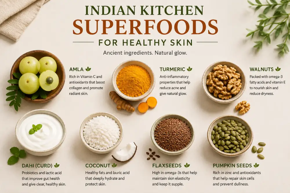 Indian superfoods for glowing skin including amla turmeric walnuts yogurt and coconut water