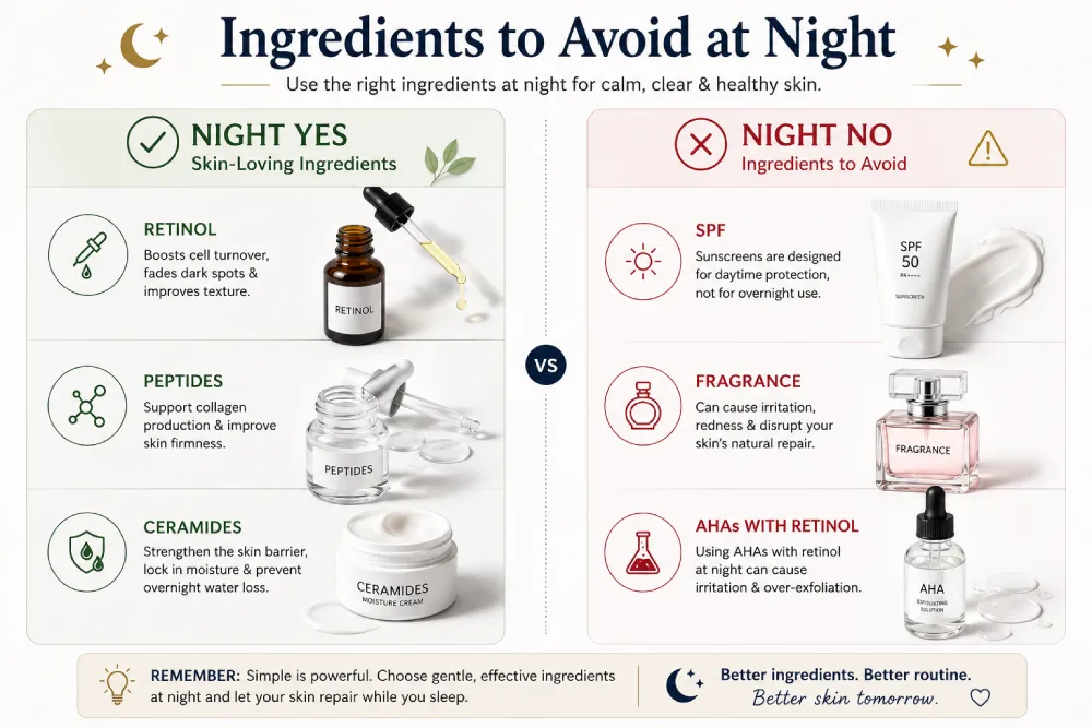 Comparison of skincare ingredients to use versus avoid at night — showing what not to include in your bedtime skincare routine
