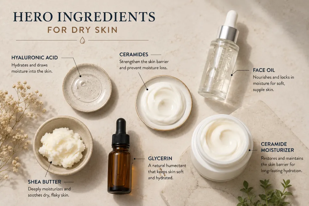 Skincare ingredients for dry skin including hyaluronic acid serum and ceramide moisturiser