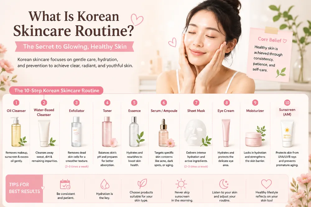 Complete Korean skincare steps laid out in order for glass skin routine
