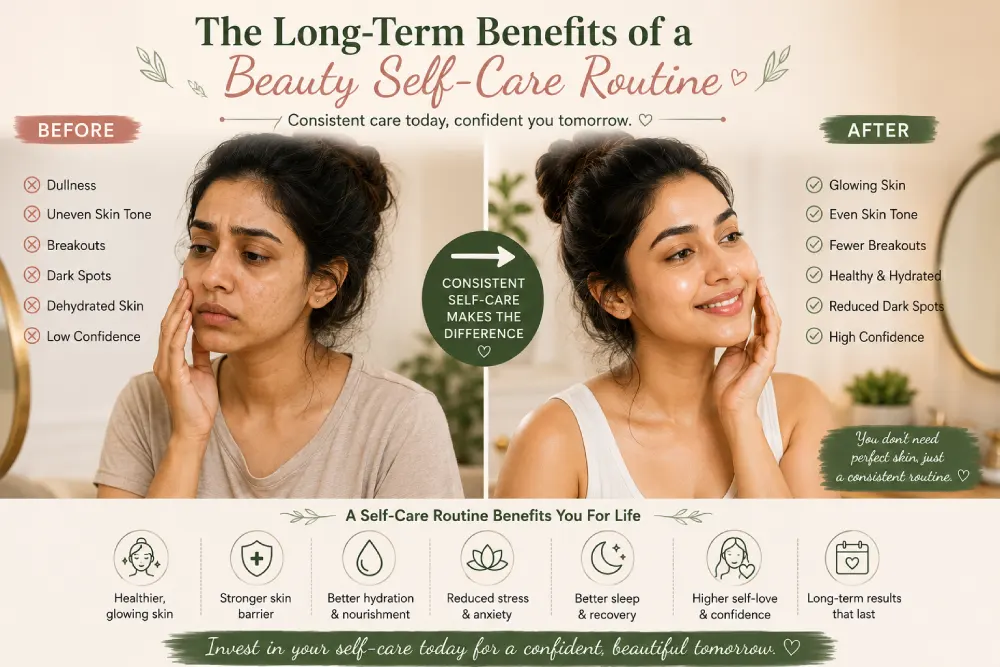 Indian woman looking confidently in mirror representing the long-term benefits of a consistent beauty self-care routine