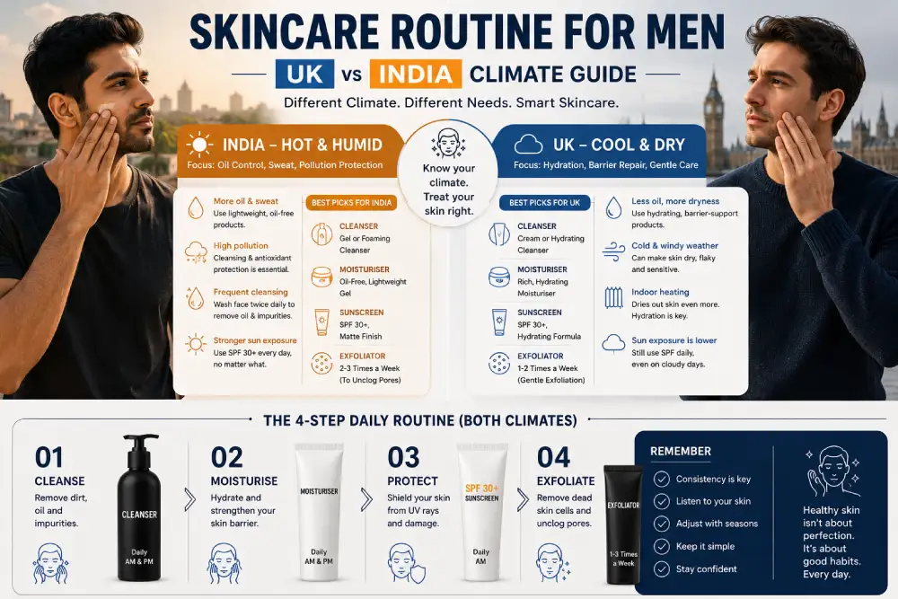 Skincare routine for men compared between UK and India climate conditions