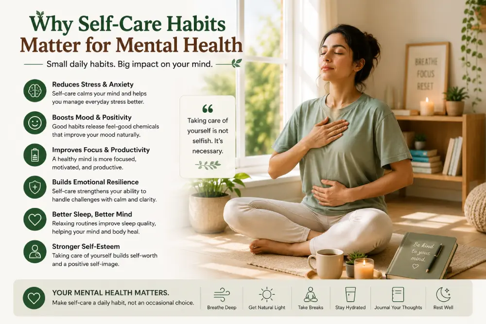 Person practicing breathing exercise as part of mental health self-care habit