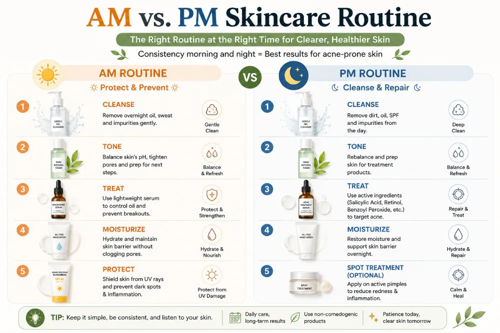 Side-by-side comparison of morning and evening skincare routines for acne-prone skin