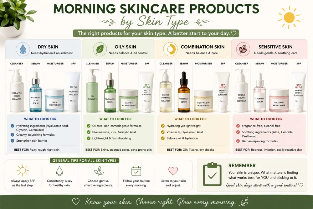 Morning skincare products organised by skin type — dry, oily, combination, and sensitive skin
