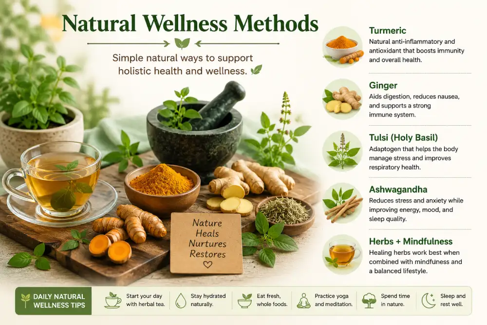 Natural wellness methods including turmeric, ginger, and ashwagandha herbs