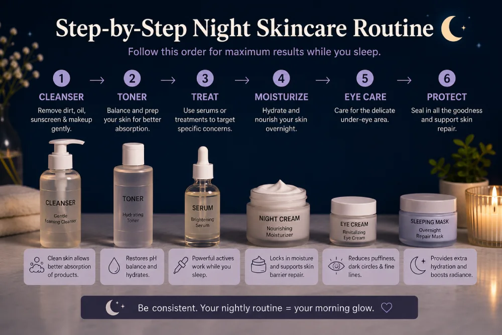 Flat lay of nighttime skincare products arranged in routine order including cleanser, serum, retinol and night cream