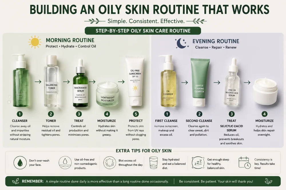 Step-by-step oily skin care routine with morning and evening products
